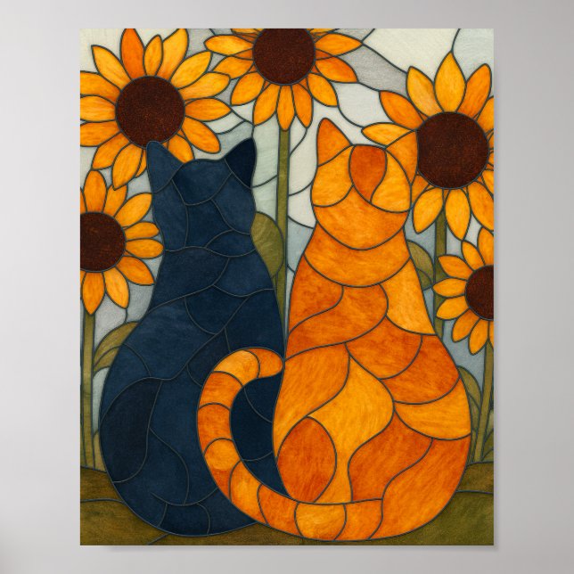 Poster Stained Glass Cats and Sunflowers Art Design (Devant)