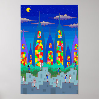 Poster Stained-glass city on a starry night.