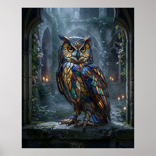 Poster Stained Glass Owl Moonlight (Devant)