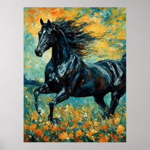 Poster Stallion noir galopant