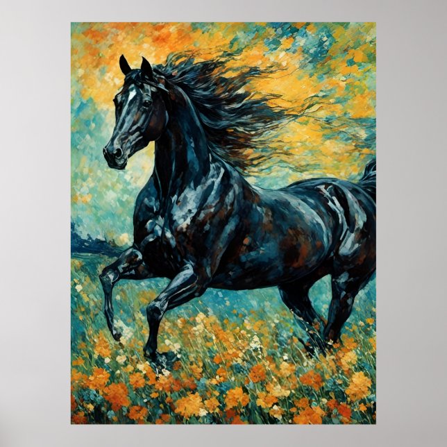 Poster Stallion noir galopant (Devant)