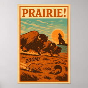 Poster Stampede des Prairies - Bison, Chiens des Prairies