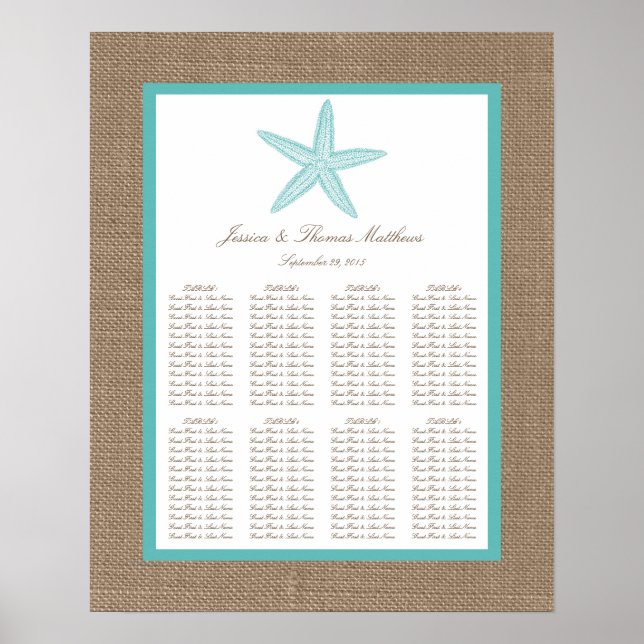 Poster Starfish Turquoise Burlap Beach Wedding Collection (Devant)