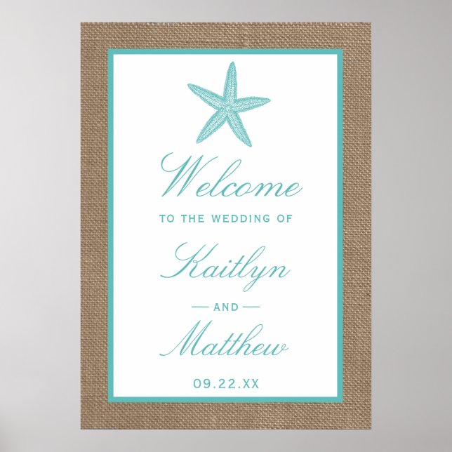 Poster Starfish Turquoise Burlap Beach Wedding Collection (Devant)