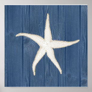Poster Starfish Vintage Blue Wood Beach