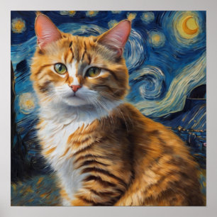 Poster Starry Night Art with a Cat