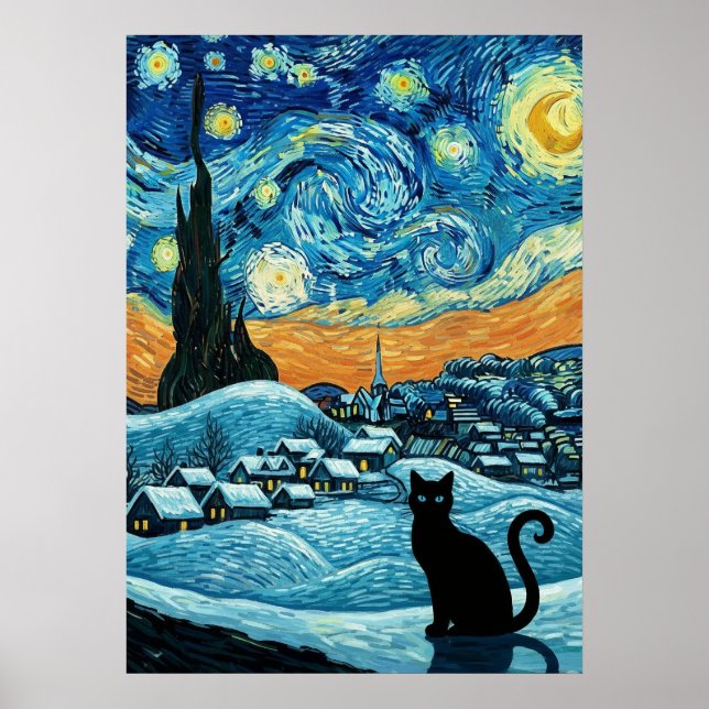 Poster Starry Night Cat Van Gogh Inspired Starry Sky (Devant)