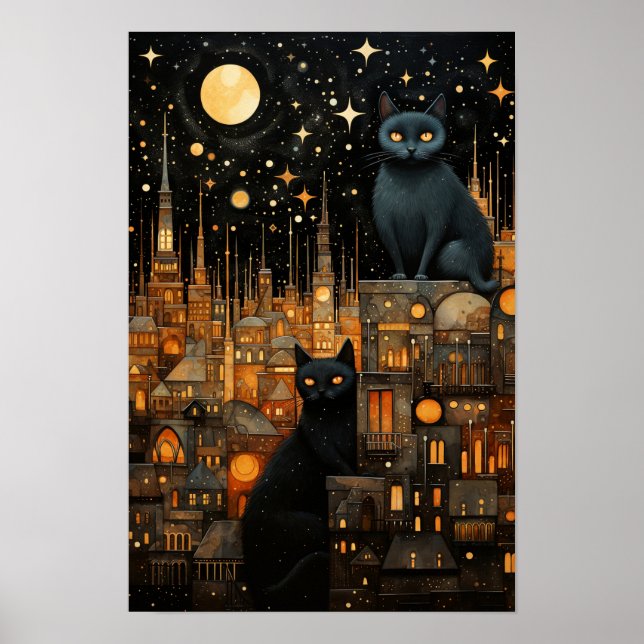 Poster Starry Night Cats : Cosmic City Rooftop Art (Devant)