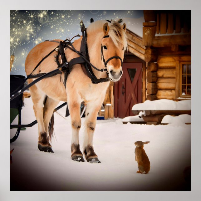 Poster Starry Noël nuit à la ferme avec cheval (Devant)