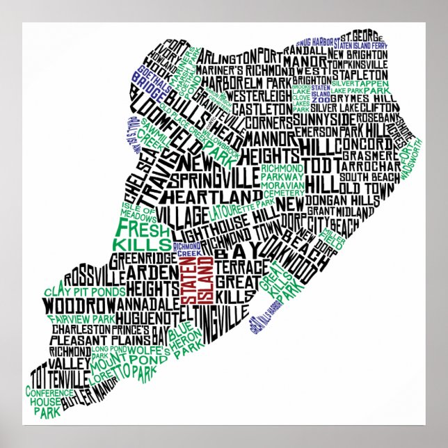 Poster Staten Island Typographic Map, New York City Print (Devant)