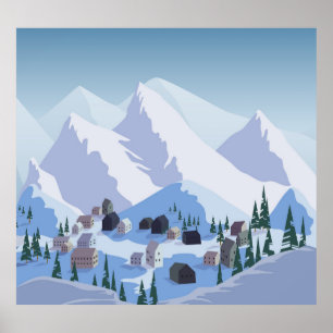 Poster Station de ski : Paysage de montagne Vintage
