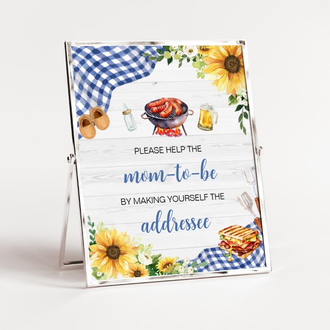 Poster Station d'enveloppe Baby shower BBQ Sunflower bleu (Boy Picnic Backyard Baby Shower Envelope Station Sign)