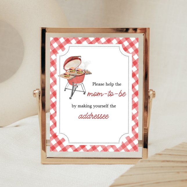Poster Station d'enveloppe de Baby shower BBQ Red Burger (Backyard BBQ Baby Shower Envelope Station Sign)