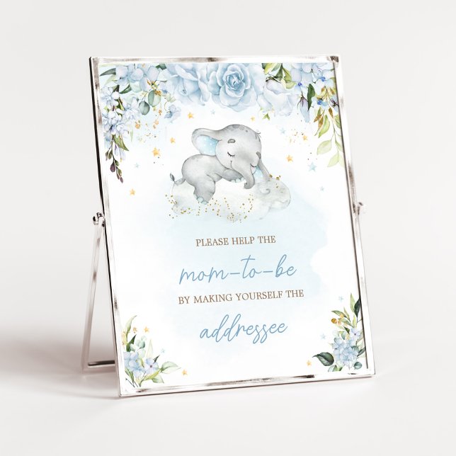 Poster Station d'enveloppe de Baby shower Blue Floral Ele (Blue Floral Sleeping Elephant Baby Shower Envelope Station Sign)