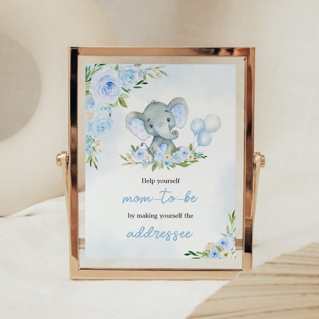 Poster Station d'enveloppe d'éléphants floraux à ballon b (Boy Elephant Balloon Baby Shower Envelope Station Sign)