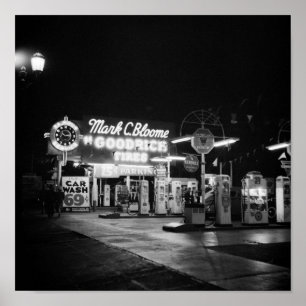 Poster Station D'Essence À La Nuit - Hollywood Californie