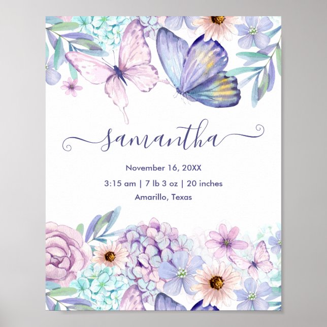 Poster Statistiques de naissance florales papillon fille  (Devant)
