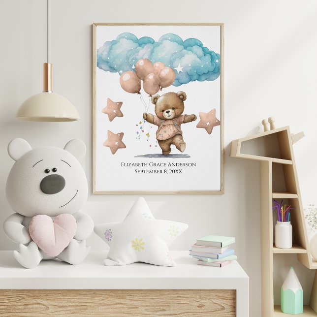 Poster Statistiques de naissance Ours Bébé Rose Nuages Ch (Créateur téléchargé)