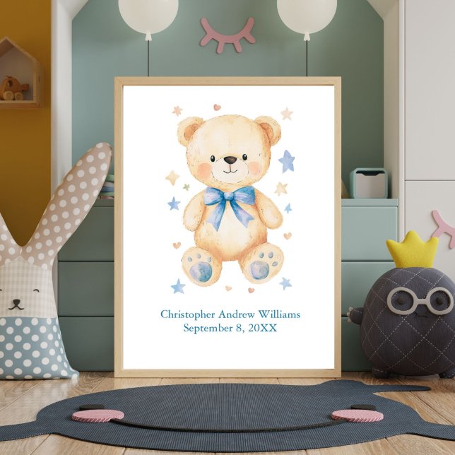Poster Statistiques de naissance Ours en peluche Nœud pap (Teddy Bear with Blue Boys Nursery Wall art print. Personalized with name and birthday birth stats)