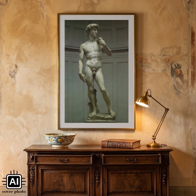 Poster Statue de David par Michelangelo (Statue of David by Michelangelo is a vintage Renaissance Era 17 ft. marble statue of King David.)