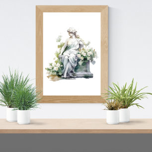 Poster Statue de femme dans le jardin aquarelle fleurs bl