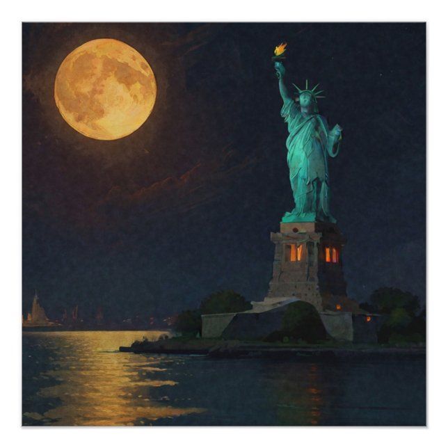 Poster Statue de la Liberté et de la Pleine lune (Devant)