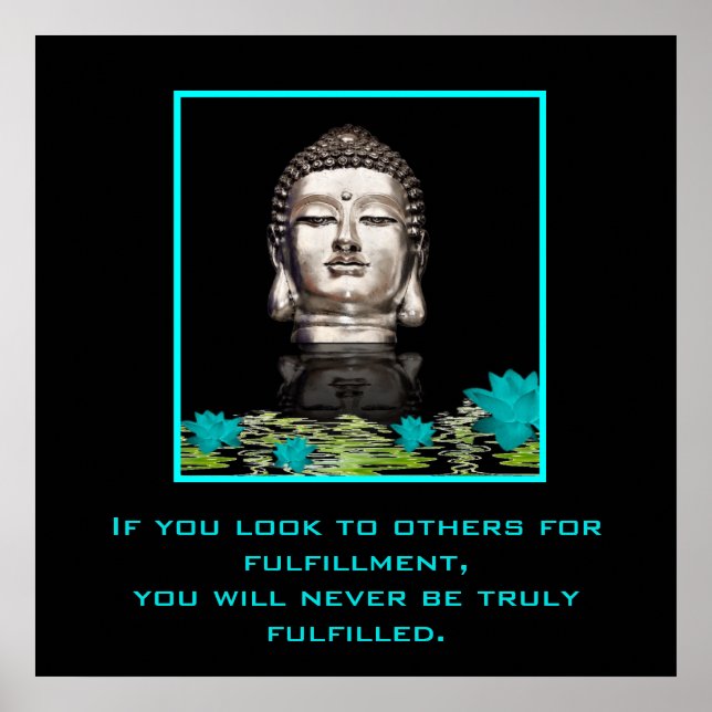 Poster Statue de tête Bouddha Argent avec Citation Inspir (Devant)