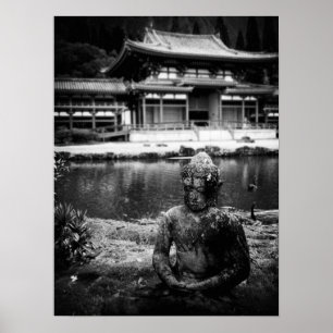 Poster Statue devant le temple bouddhiste, Oahu B&W