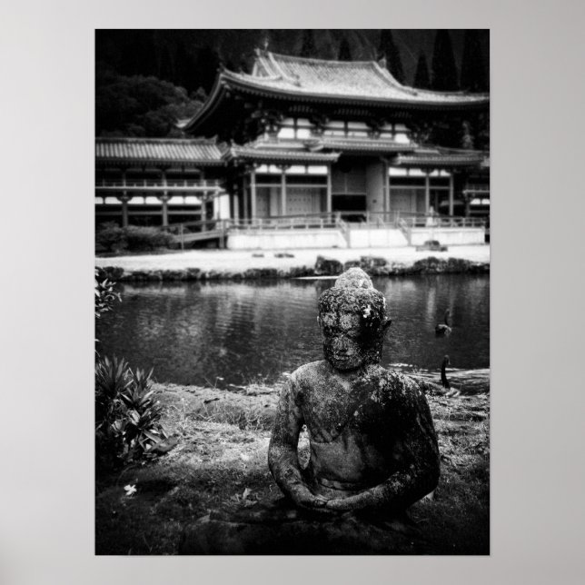 Poster Statue devant le temple bouddhiste, Oahu B&W (Devant)