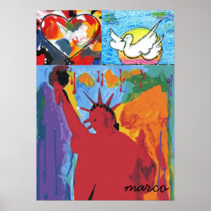 Poster Statue moderne de la liberté Aquarelle coeur rouge