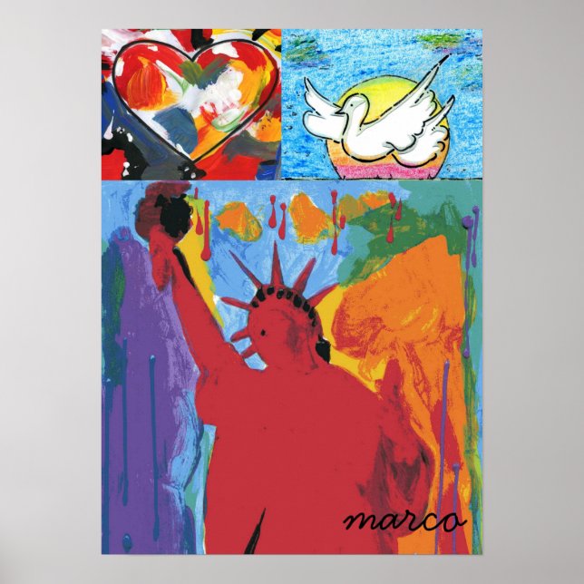 Poster Statue moderne de la liberté Aquarelle coeur rouge (Devant)