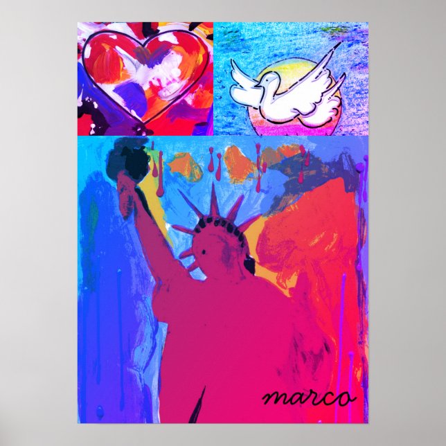Poster Statue moderne de la liberté Aquarelle coeur rouge (Devant)