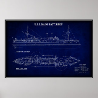Poster Steam Battleship USS MAINE Blueprint 1894