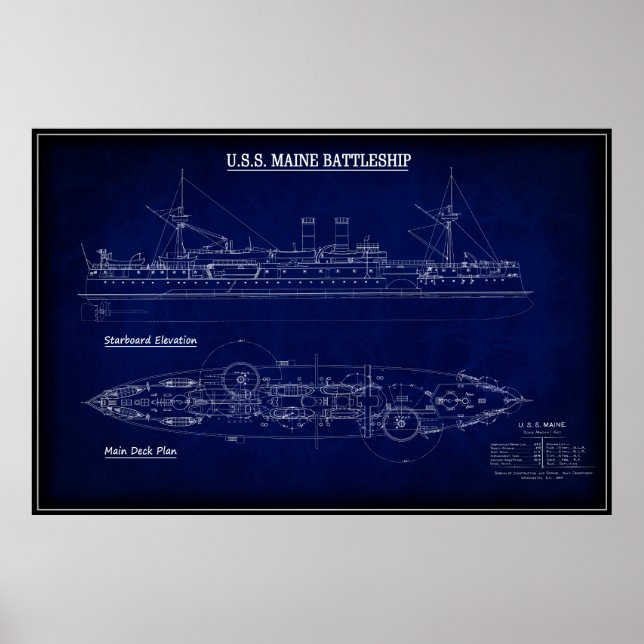 Poster Steam Battleship USS MAINE Blueprint 1894 (Devant)