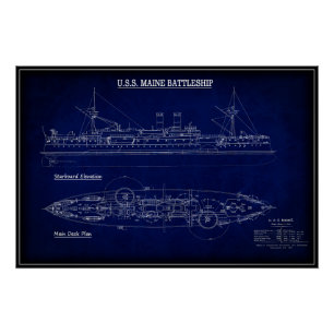 Poster Steam Battleship USS MAINE Blueprint 1894