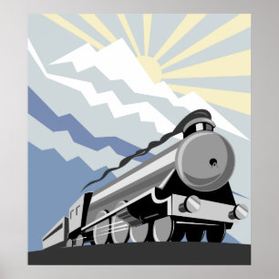 Poster steam train locomotive traveling mountain scene