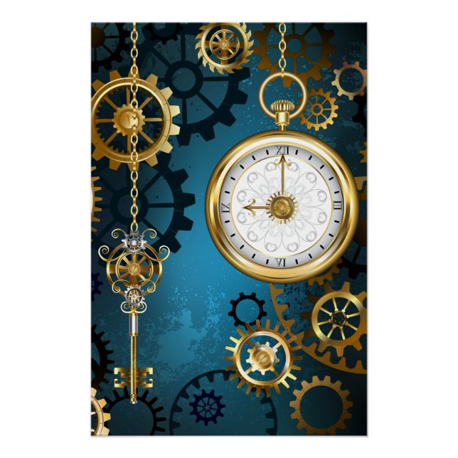 Poster Steampunk Arrière - plan turquoise avec Gears (Devant)