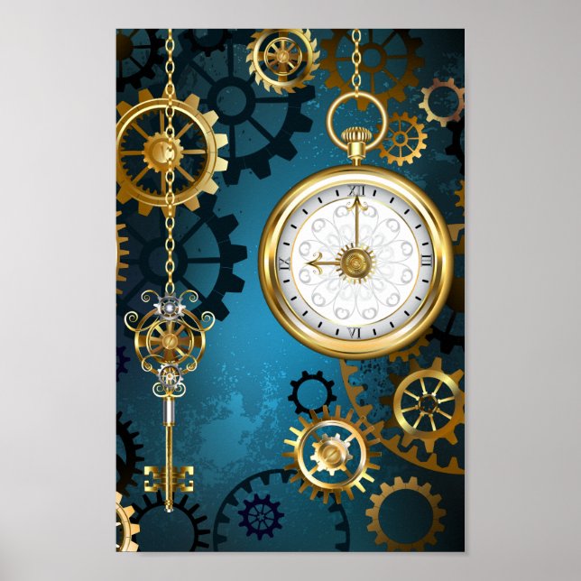 Poster Steampunk Arrière - plan turquoise avec Gears (Devant)
