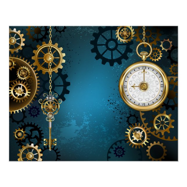 Poster Steampunk Arrière - plan turquoise avec Gears (Devant)