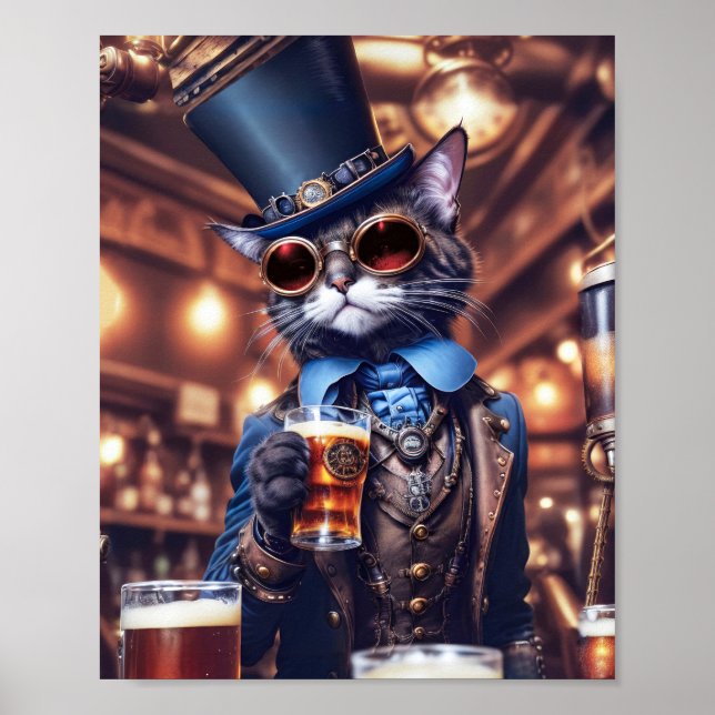 Poster Steampunk chat gris avec chapeau, lunettes, bière  (Devant)