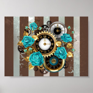 Poster Steampunk Clock and Turquoise Roses on Striped
