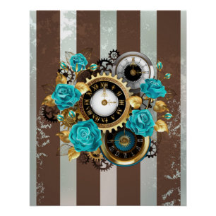 Poster Steampunk Clock and Turquoise Roses on Striped