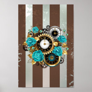 Poster Steampunk Clock and Turquoise Roses on Striped