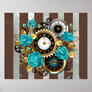 Poster Steampunk Clock and Turquoise Roses on Striped