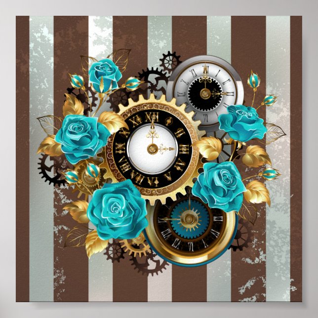 Poster Steampunk Clock and Turquoise Roses on Striped (Devant)