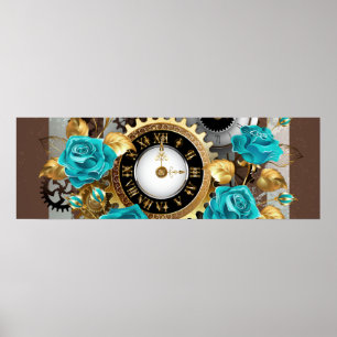Poster Steampunk Clock and Turquoise Roses on Striped
