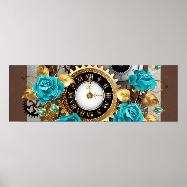 Poster Steampunk Clock and Turquoise Roses on Striped (Devant)
