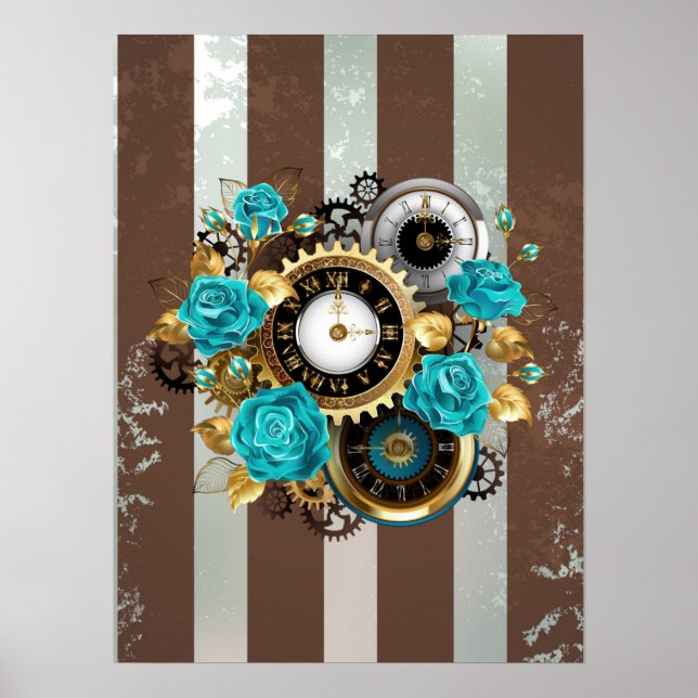 Poster Steampunk Clock and Turquoise Roses on Striped (Devant)