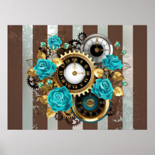 Poster Steampunk Clock and Turquoise Roses on Striped