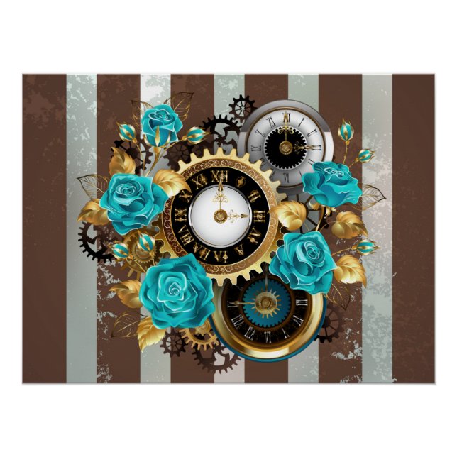 Poster Steampunk Clock and Turquoise Roses on Striped (Devant)